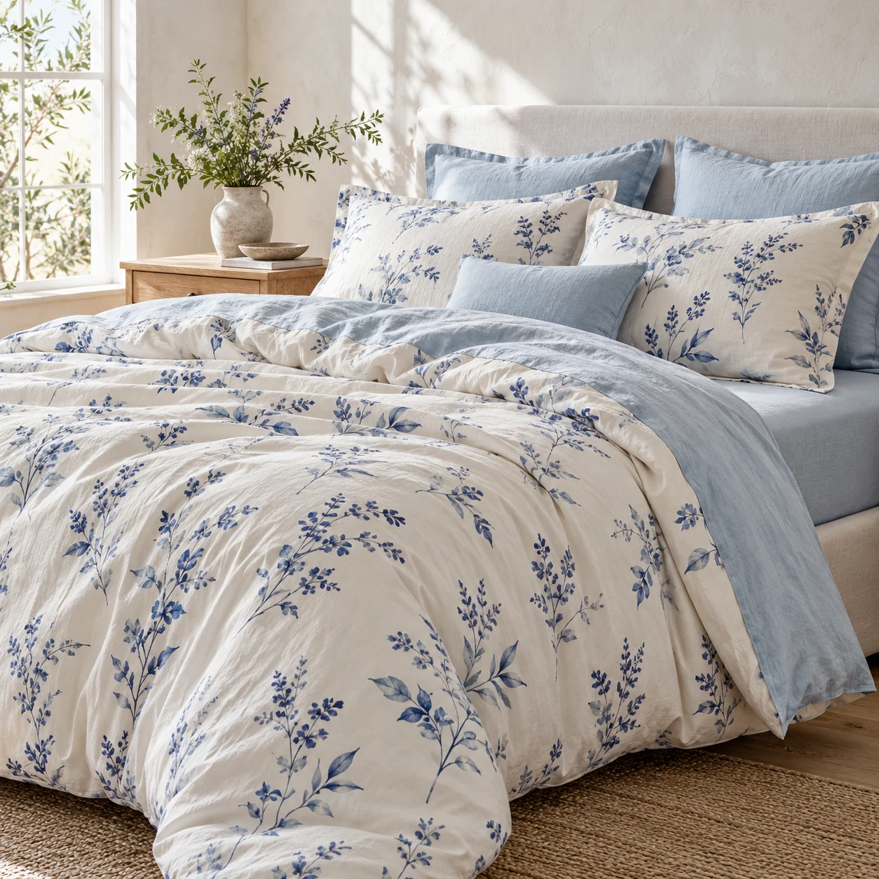 Blue and white printed botanical bedding