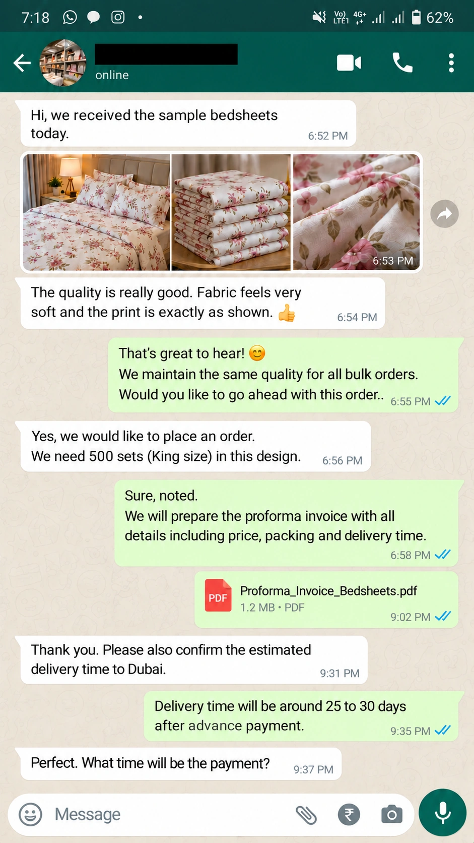 WhatsApp conversation about bedsheet samples, quality, and an order quote