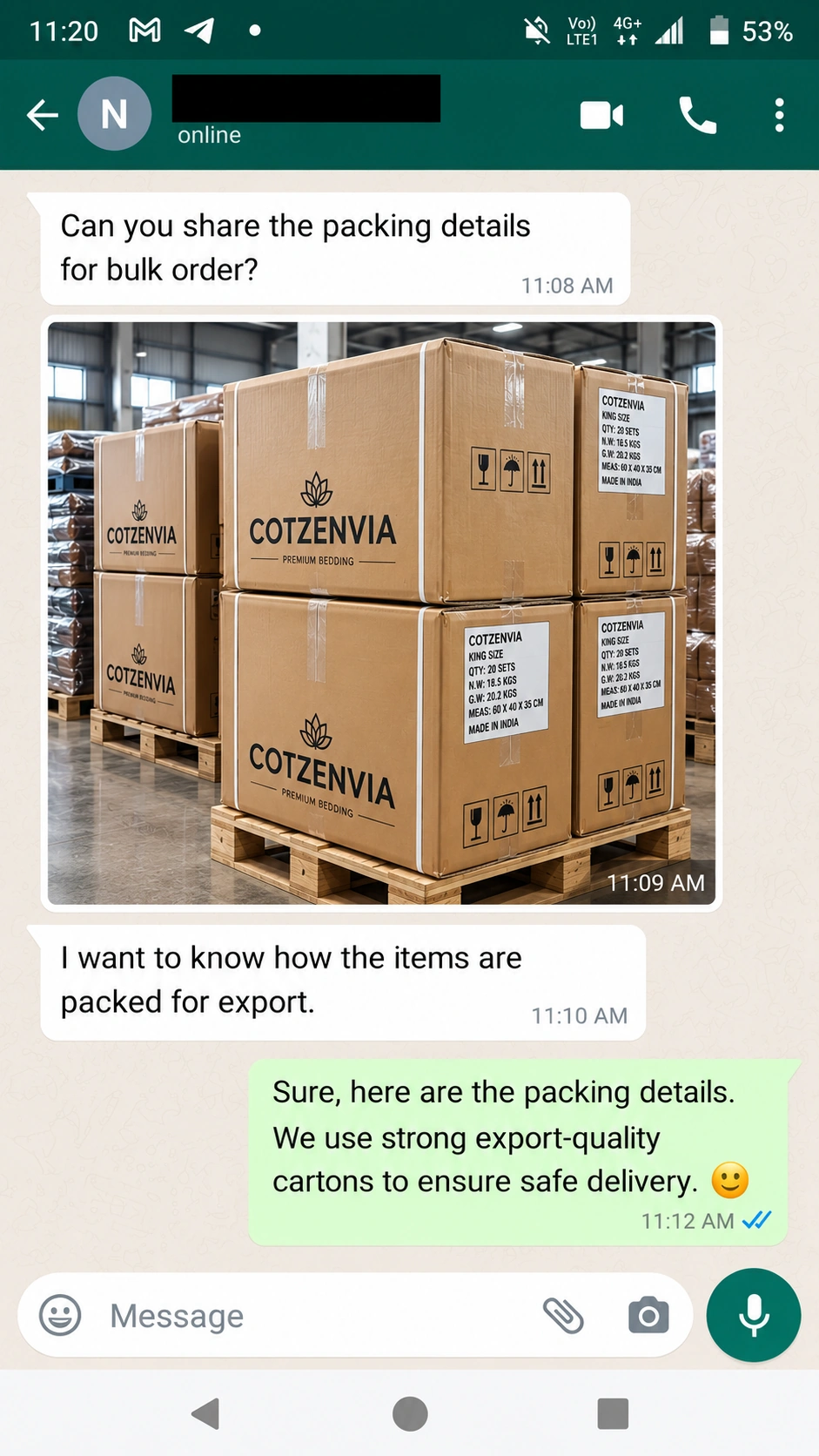 WhatsApp conversation about export packing and Cotzenvia cartons