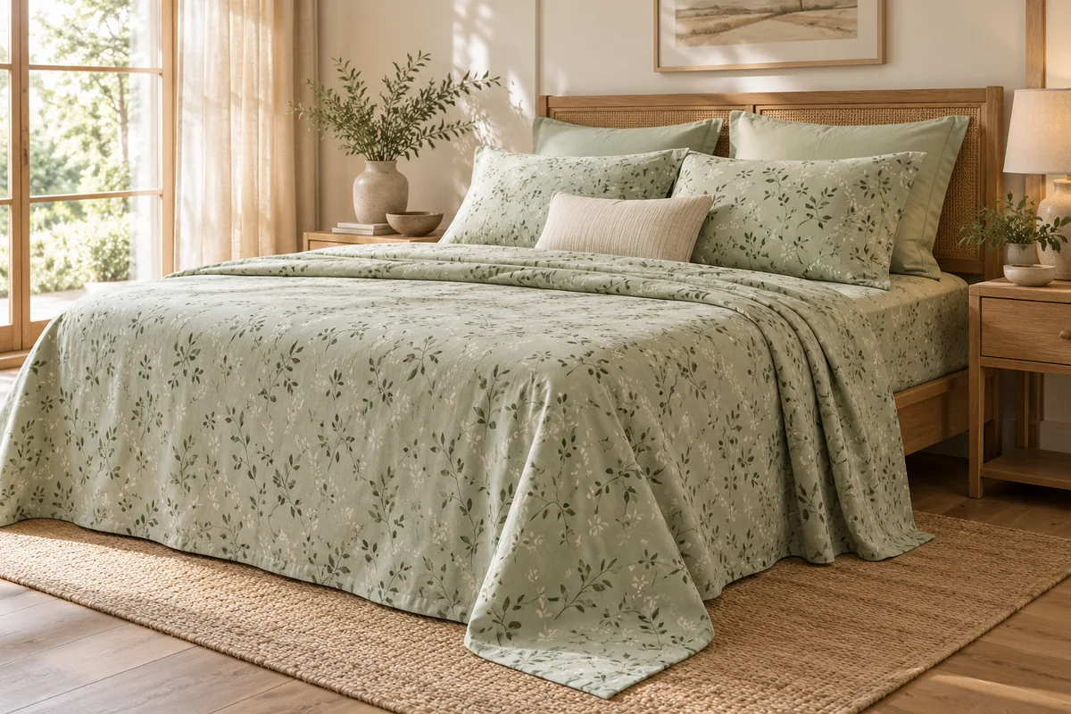 Sage green bedsheets with a delicate botanical print