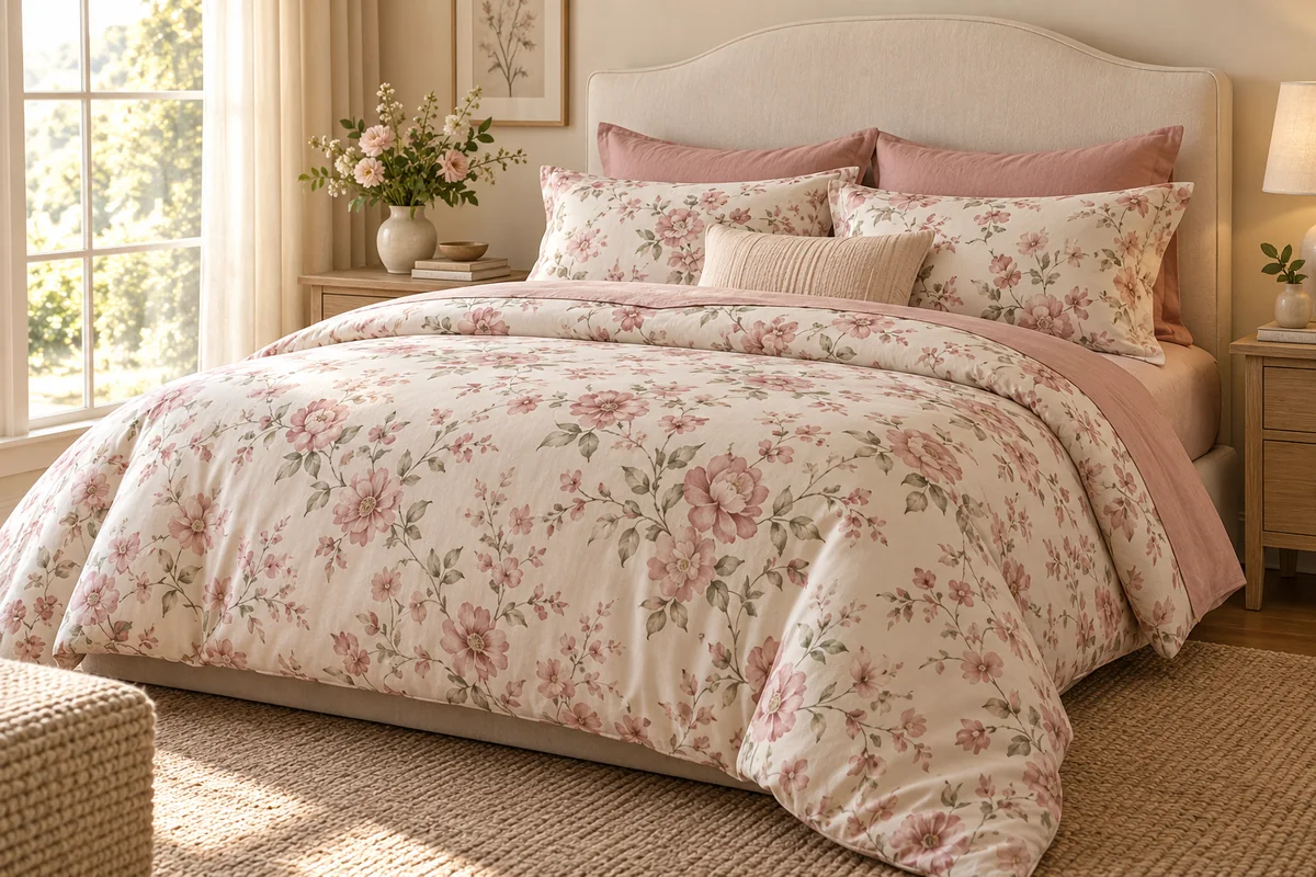 Blush pink floral bedsheets in a softly lit bedroom