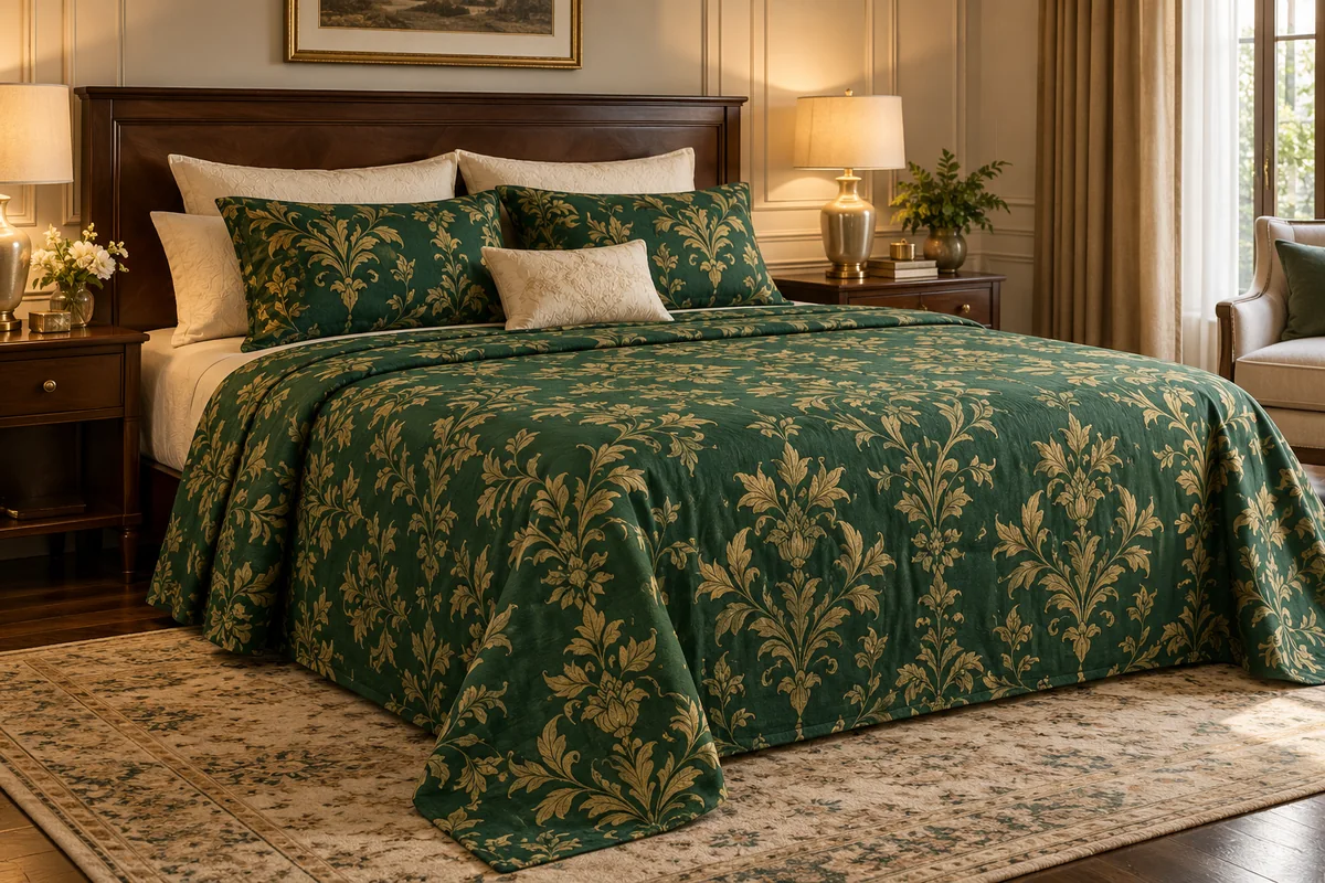 Deep green bedsheets with ornate gold botanical detailing