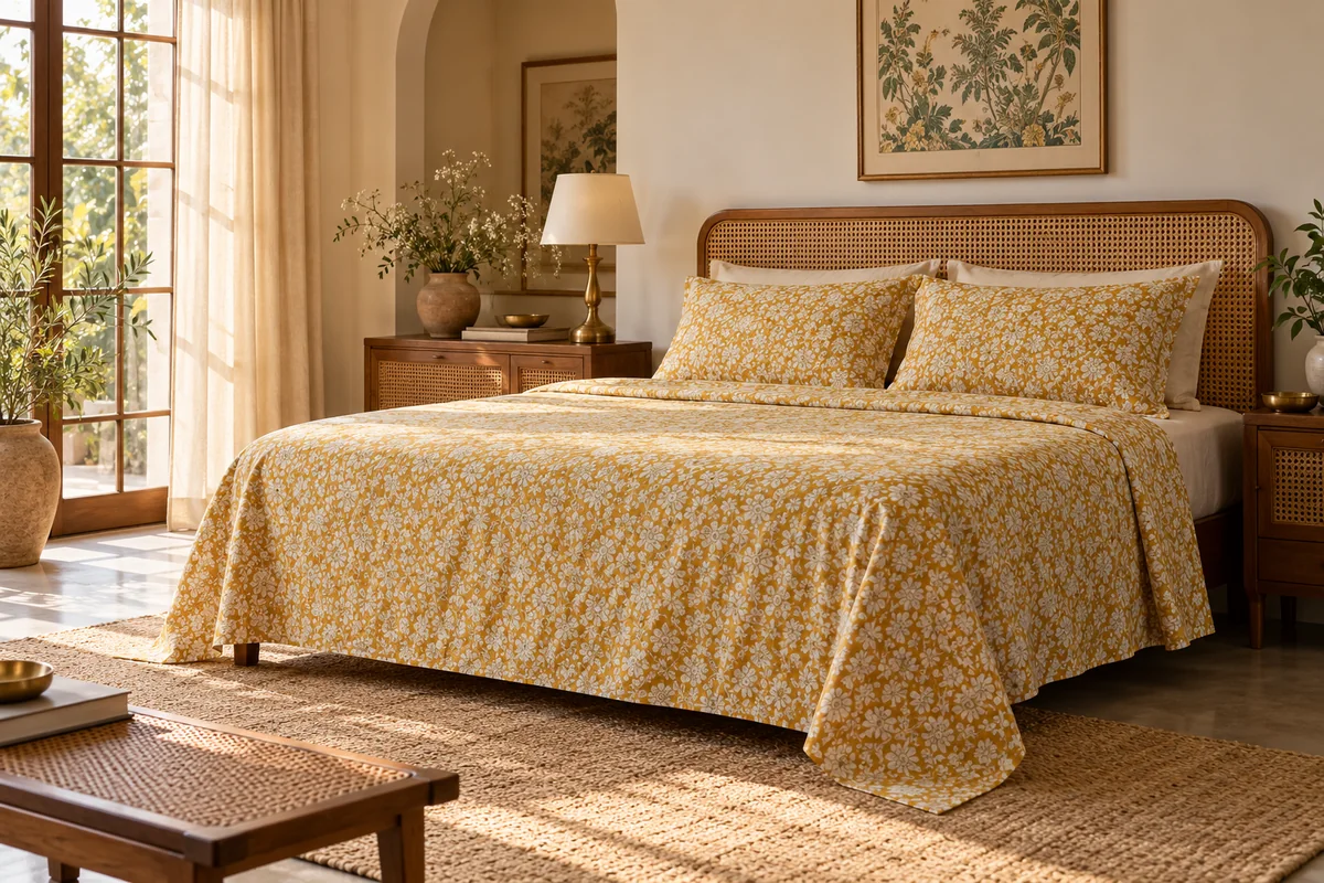 Warm mustard yellow floral bedsheets