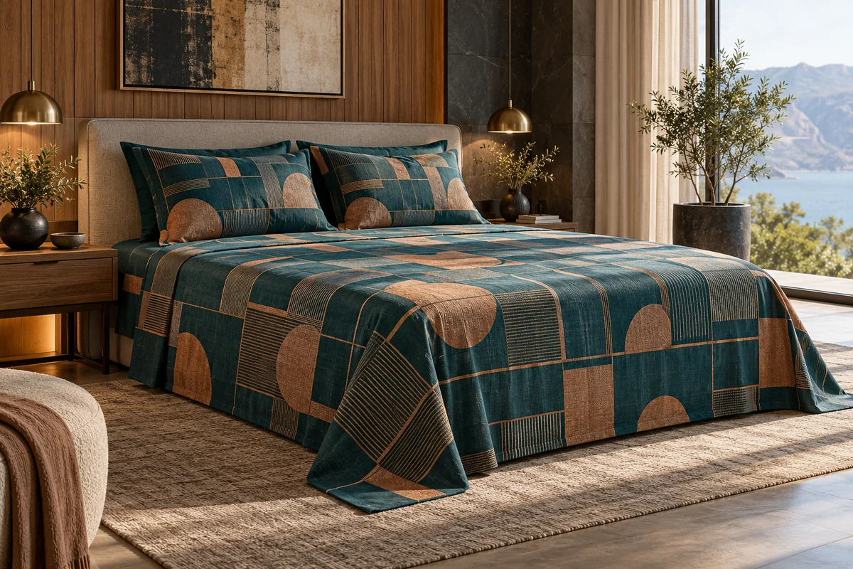 Teal and rust geometric bedsheets in a warm bedroom