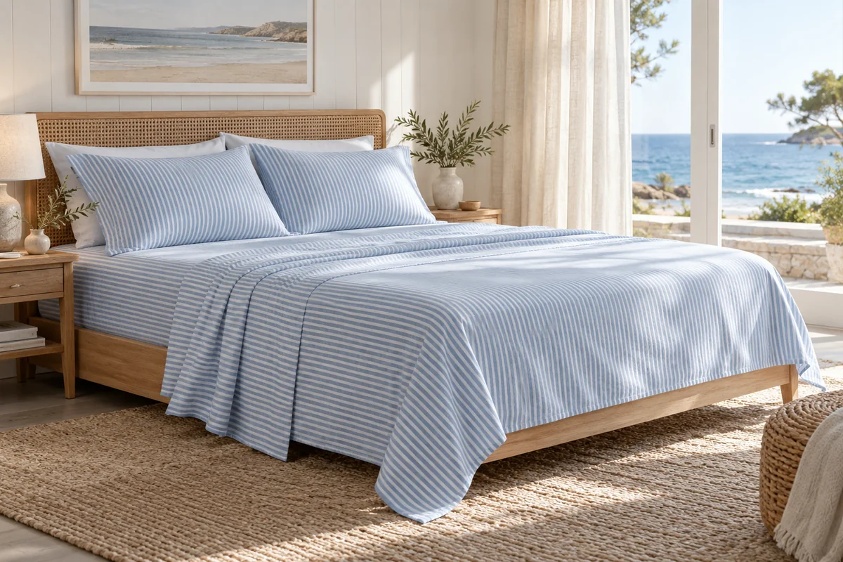 Blue and white striped bedsheets in a coastal bedroom