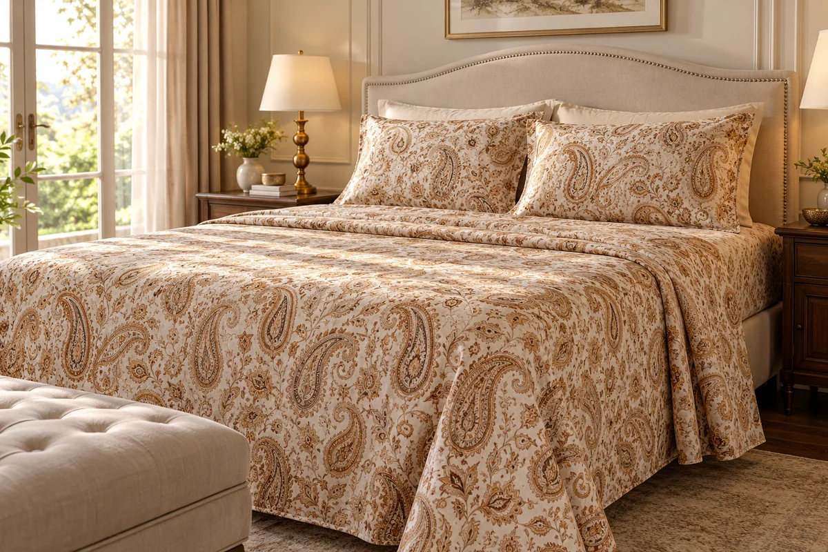 Cream bedsheets with a warm brown paisley pattern
