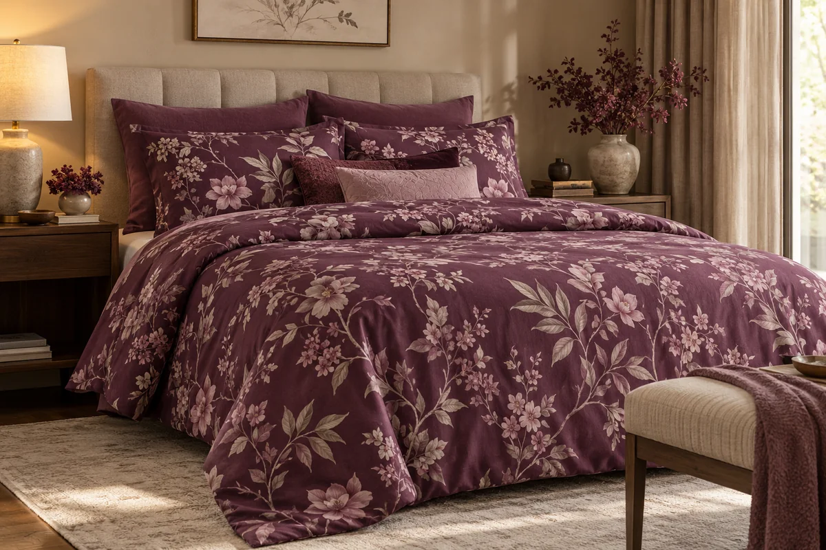 Deep plum floral bedsheets with a delicate blossom pattern