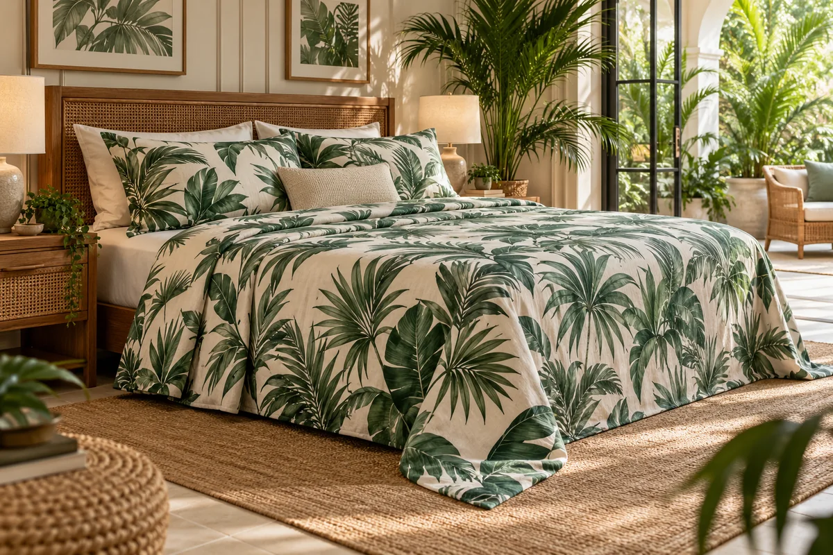 Cream bedsheets with a tropical green palm leaf print