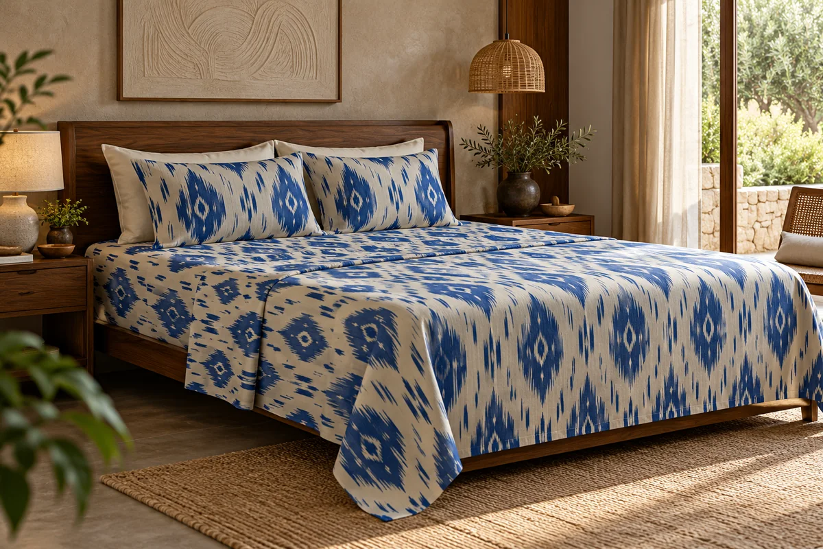 Blue and beige bedsheets with an ikat-inspired pattern