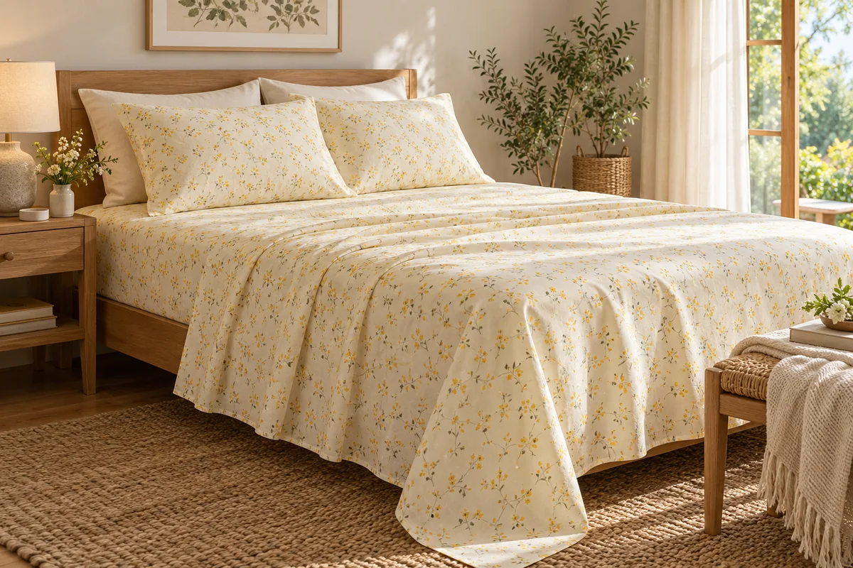 Ivory bedsheets with a fine yellow floral sprig print