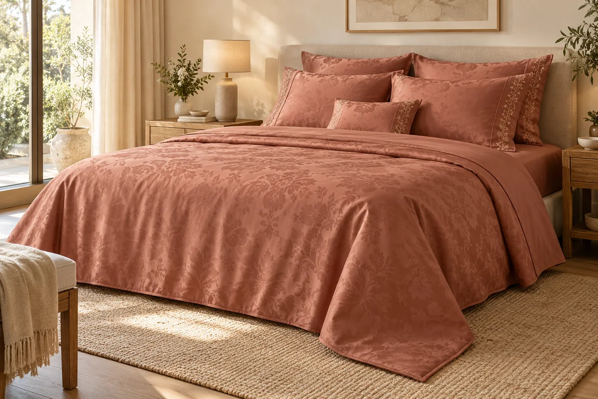 Dusty rose bedsheets with a subtle woven damask pattern and embroidered pillow edges